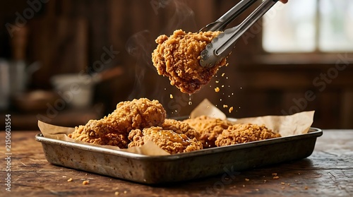 Tongs lifting a piece of crispy fried chicken from a tray