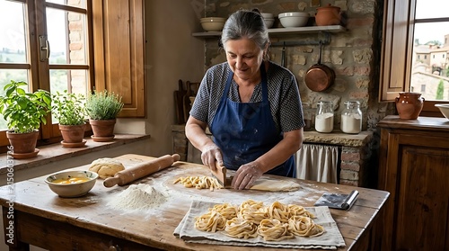 Senior woman preparing fresh homemade pasta in rustic kitchen
