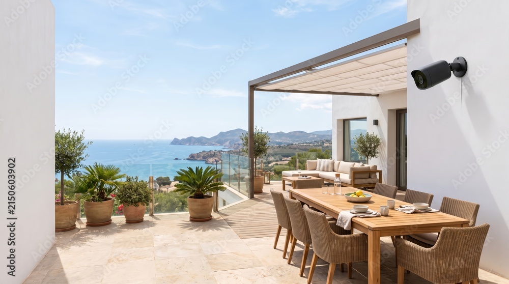 Fototapeta premium Black security camera mounted on luxury patio with ocean view
