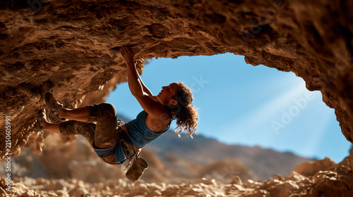 Woman rock climbing inside natural cave entrance with climbing, adventure