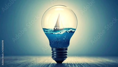 Sailing boat inside glowing light bulb.