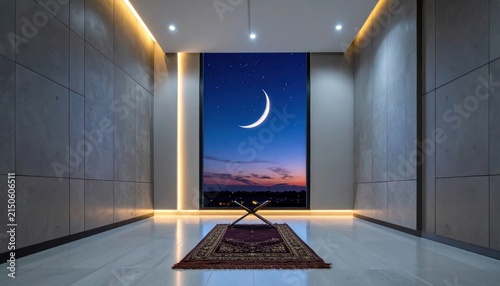 Modern interior with moonlit window view.