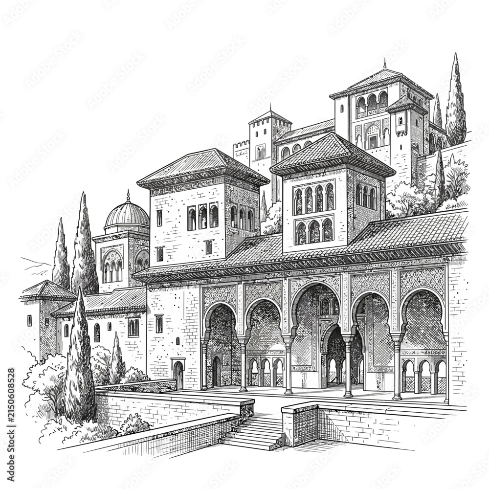 Fototapeta premium Intricate Drawing of Alhambra Palace Courtyard with Arches and Towers