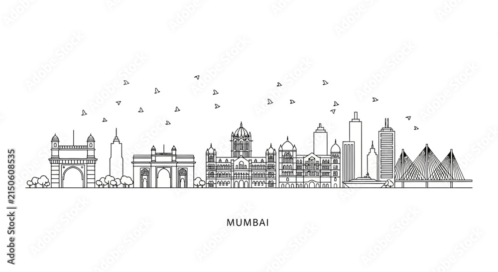 Fototapeta premium Mumbai Skyline Black and White Line Art - Iconic Landmarks and Modern Buildings