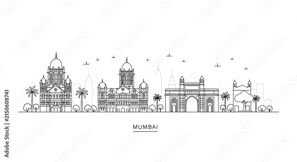 Obraz premium Mumbai Skyline Outline Illustration - India Landmark Architecture Drawing