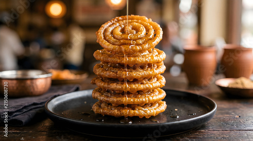 A stack of golden crispy jalebi sweets being drizzled with warm sugar syrup on a dark round plate.