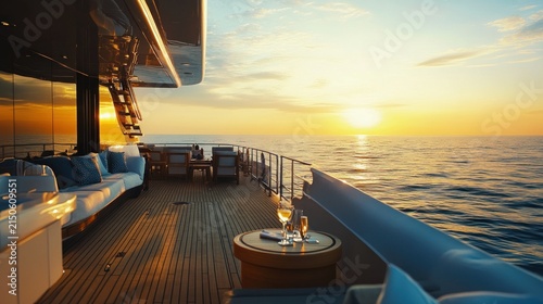 Luxury yacht deck at sunset with seating and drinks