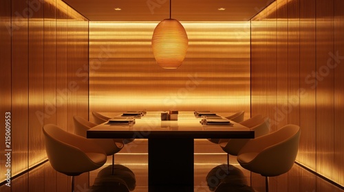 Modern dining room with golden walls a large table and comfortable chairs