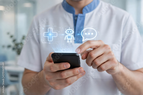 Medical professional using a smartphone with glowing healthcare and communication icons. Digital health concept representing telemedicine, virtual consultation, medical technology, AI healthcare