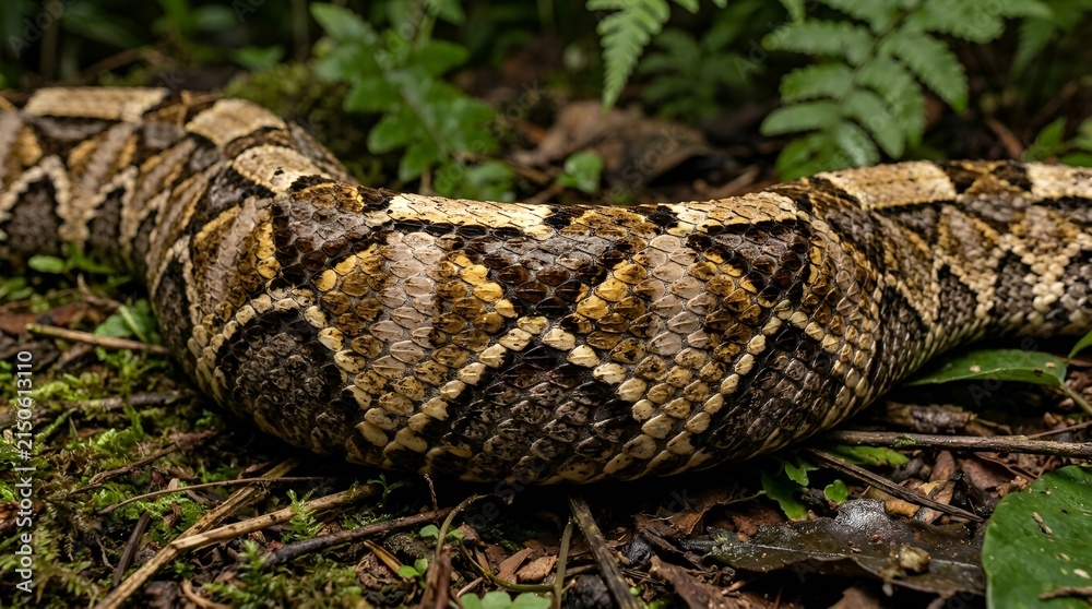 Obraz premium Close-up of a venomous pit viper snake's patterned scales in a forest setting.