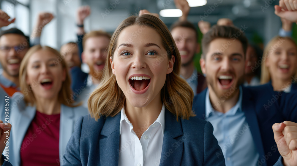 Obraz premium Cheerful office team young adult smiling woman business suit raised arm group celebration workplace crowd blurred background corporate success happy expression