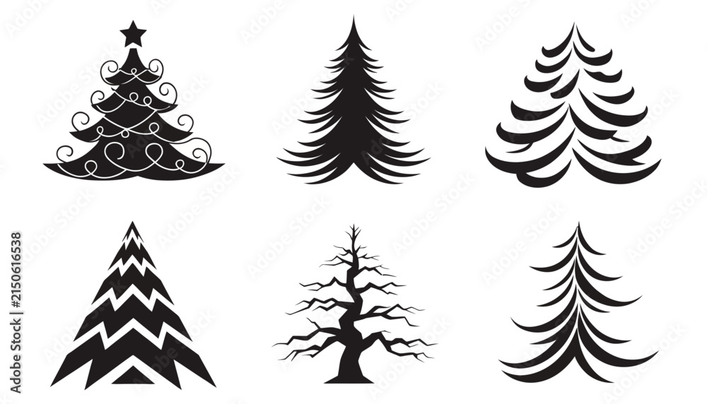 Obraz premium Set of six stylized Christmas tree icons in black silhouette style