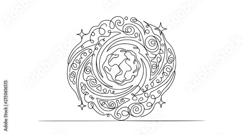 Obraz na plátně Cosmic Swirl Abstract Art - Single Line Drawing Mandala with Planet