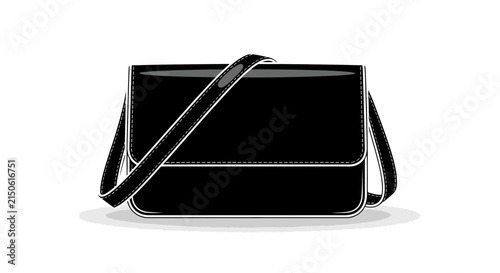 Black shoulder bag with a long strap is depicted in a flat vector illustration accessory apparel carryall clothing fashion handbag leather longstrap luggage minimalist modern