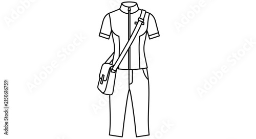 Line drawing depicts a short sleeved uniform with matching trousers and a crossbody bag on a white background apparel attire clothing costume dress ensemble fashion