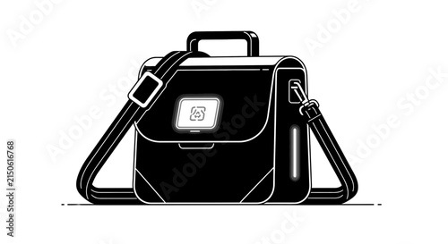 A black silhouette of a satchel with a shoulder strap and central emblem is displayed on a white background bag briefcase handbag purse luggage carryall