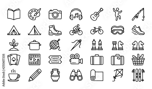 Minimalist Leisure and Hobby Line Icons Set with Reading Music Sports Art and Outdoor Activities