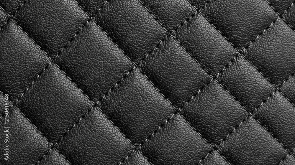 Obraz premium Black quilted leather texture dark padded surface stitched diamond pattern close up background soft material luxury textile leather grain abstract pattern seamless texture black surface
