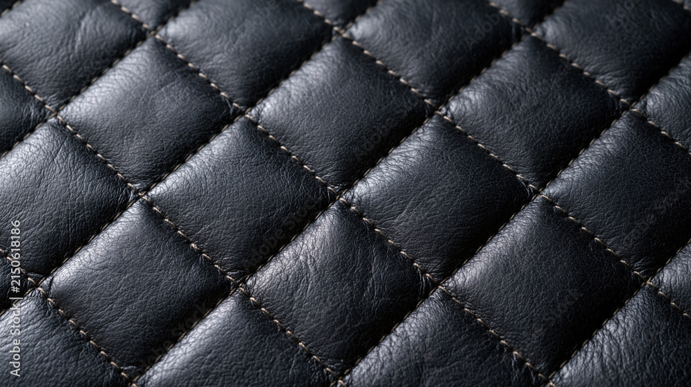 Naklejka premium Black leather texture quilted pattern stitched surface dark background soft padding luxury material close up abstract background diamond shape seamless texture