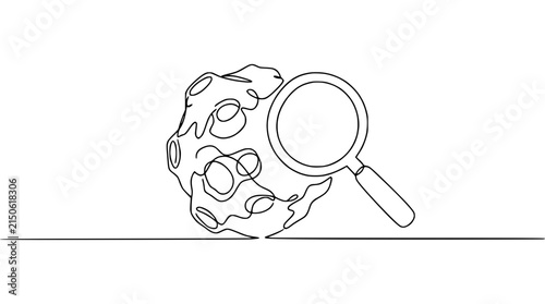 Fotografie Asteroid exploration with magnifying glass, single line drawing, transparent bac