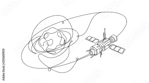 Canvas Print Satellite Orbiting Asteroid, Continuous Line Art Drawing