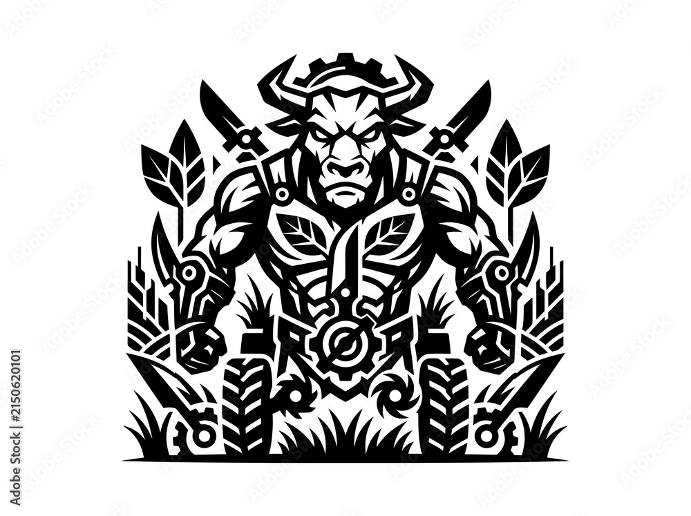 Naklejka premium Black White Minotaur Warrior with Swords and Gears, Mythological, Vector Art