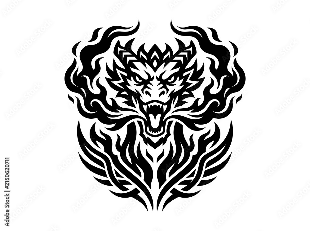 Fototapeta premium Fierce Black Tribal Dragon Head with Flames - Tribal Tattoo Art