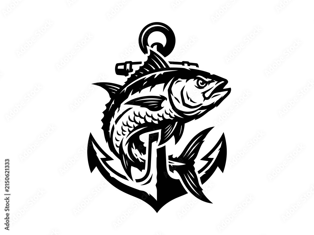 Obraz premium Black and White Graphic Woodcut Illustration of a Tuna Fish and Anchor for Fishing and Boating Industry