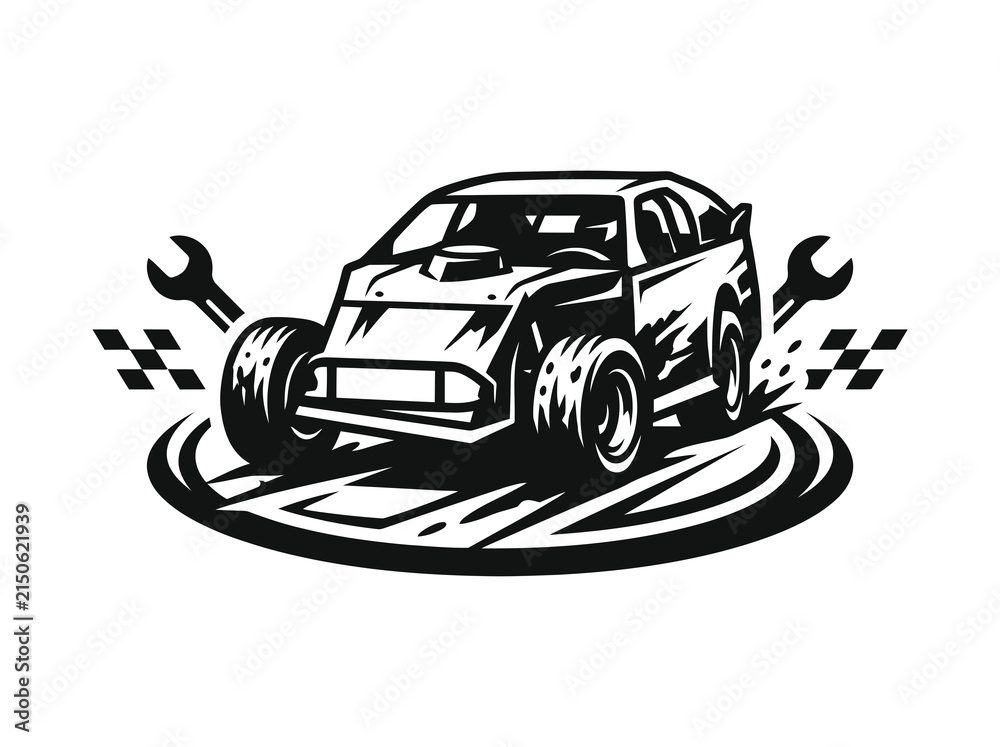 Obraz premium Black and White Vector Icon of a Race Car with Wrench and Checkered Flags