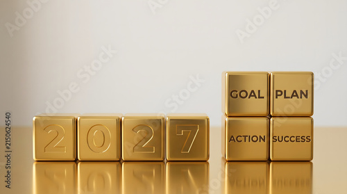 Gold wooden blocks spelling 2027 alongside Goal, Plan, Action, and Success text, symbolizing New Year business planning and goal setting