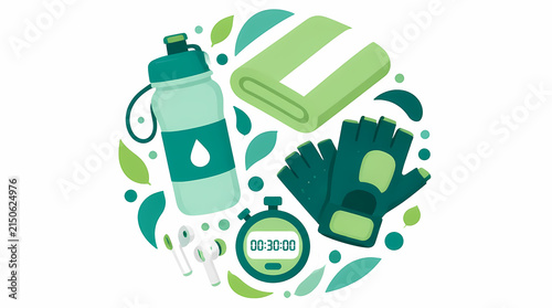 Fitness Gear Collection for Workout Routine with Water Bottle, Towel, Gloves, Stopwatch and Wireless Earbuds in Green Color Scheme
