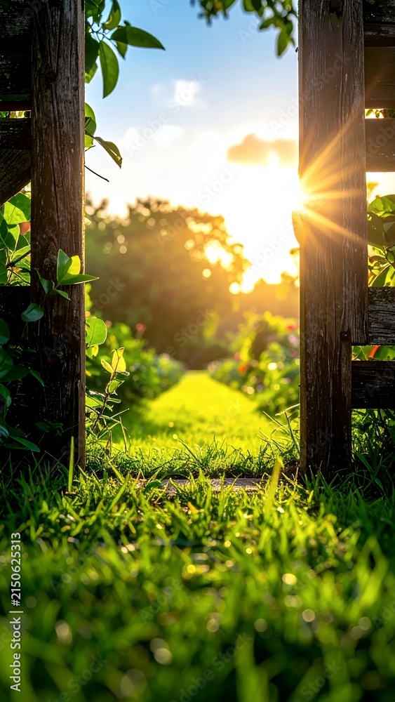 Fototapeta premium Sunlight streams through a wooden garden gate into a lush green path.