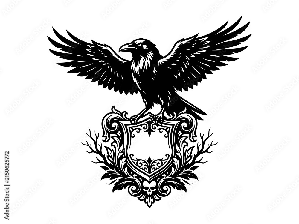 Naklejka premium Black Raven Crest with Skull and Branches - Dark Gothic Vector Art