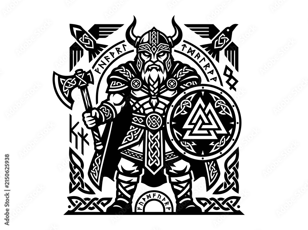 Naklejka premium Norse Mythology Viking Warrior with Axe, Shield Runes - Black White Graphic Line Art Vector