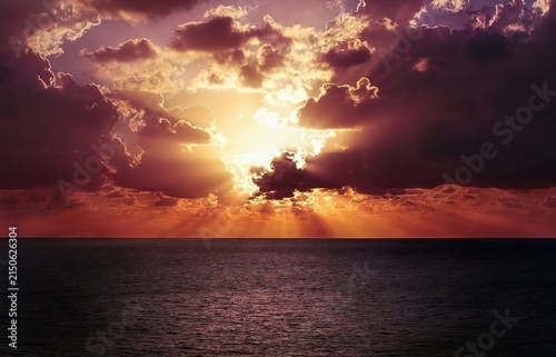 Dramatic Sunset Dark Ocean Intense Sun Rays Dark Purple Clouds Stormy Beautiful Sky