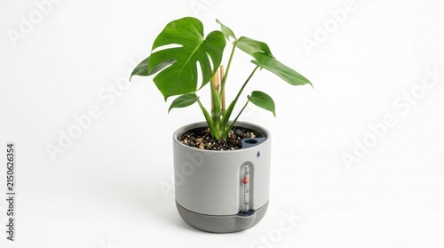 Small potted monstera plant in modern self watering gray planter with monstera houseplant greenery interior minimalist decorative gardening selfwatering background isolated tropical