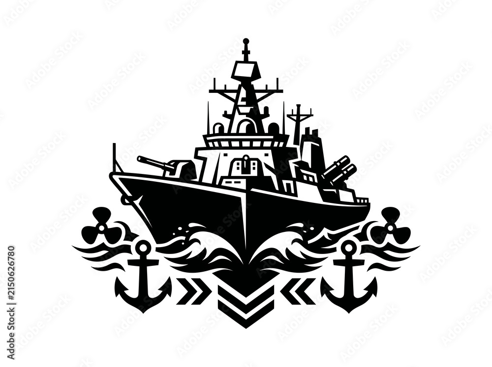 Fototapeta premium Monochrome Military Naval Warship Emblem with Anchors and Propellers Vector Illustration