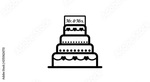 Wedding cake with Mr Mrs topper black line art illustration
