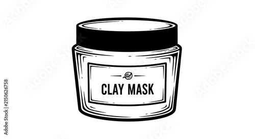 Clay mask jar with label black and white line drawing