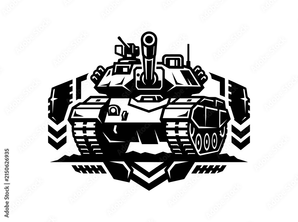 Fototapeta premium Military Tank Black and White Graphic Illustration. Armored Vehicle Design for Army, Warfare, and Defense Concepts.