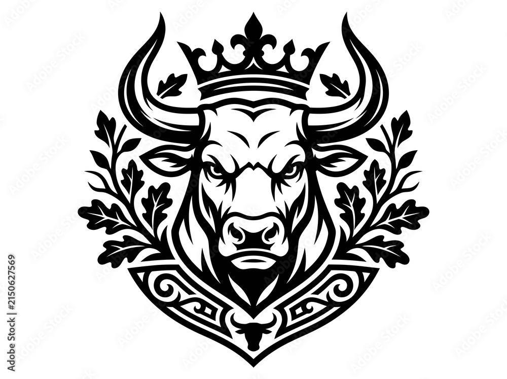 Fototapeta premium Black White Bull Head with Crown, Emblem, Vector Art