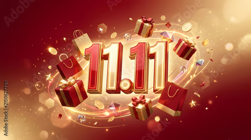 Festive 11.11 shopping festival background with 3D numbers and gift boxes.