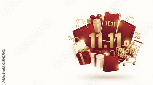 3D render of 11.11 shopping festival promotion with gift boxes and shopping bags.