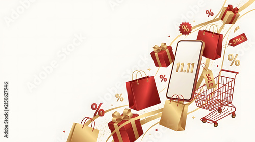 3D render of a smartphone with shopping bags and gift boxes for online sale promotion.