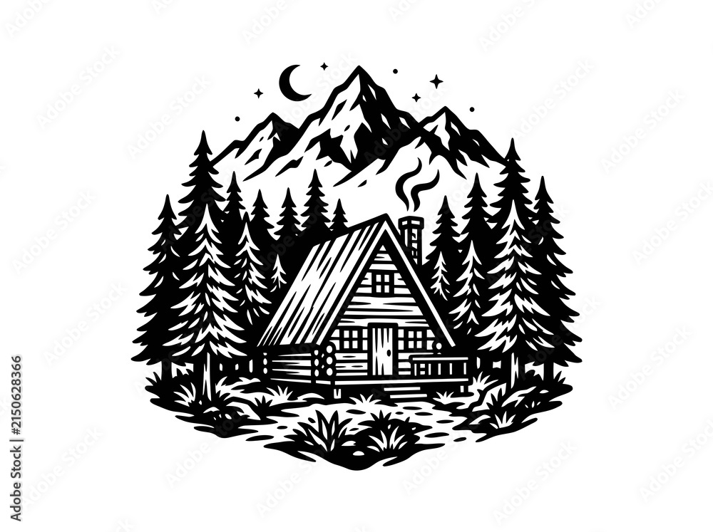 Obraz premium Rustic Cabin in Mountain Forest at Night - Black White Vector Graphic Illustration