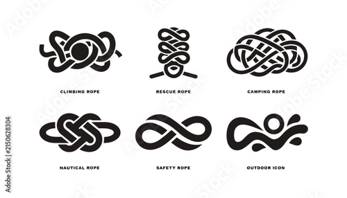 Set of minimalist rope and knot icons for outdoor activity design