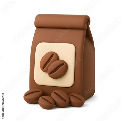 coffee bag with a label showing coffee beans, with several coffee beans placed in front 3d rendering isolated on white background cartoon plastic style icon