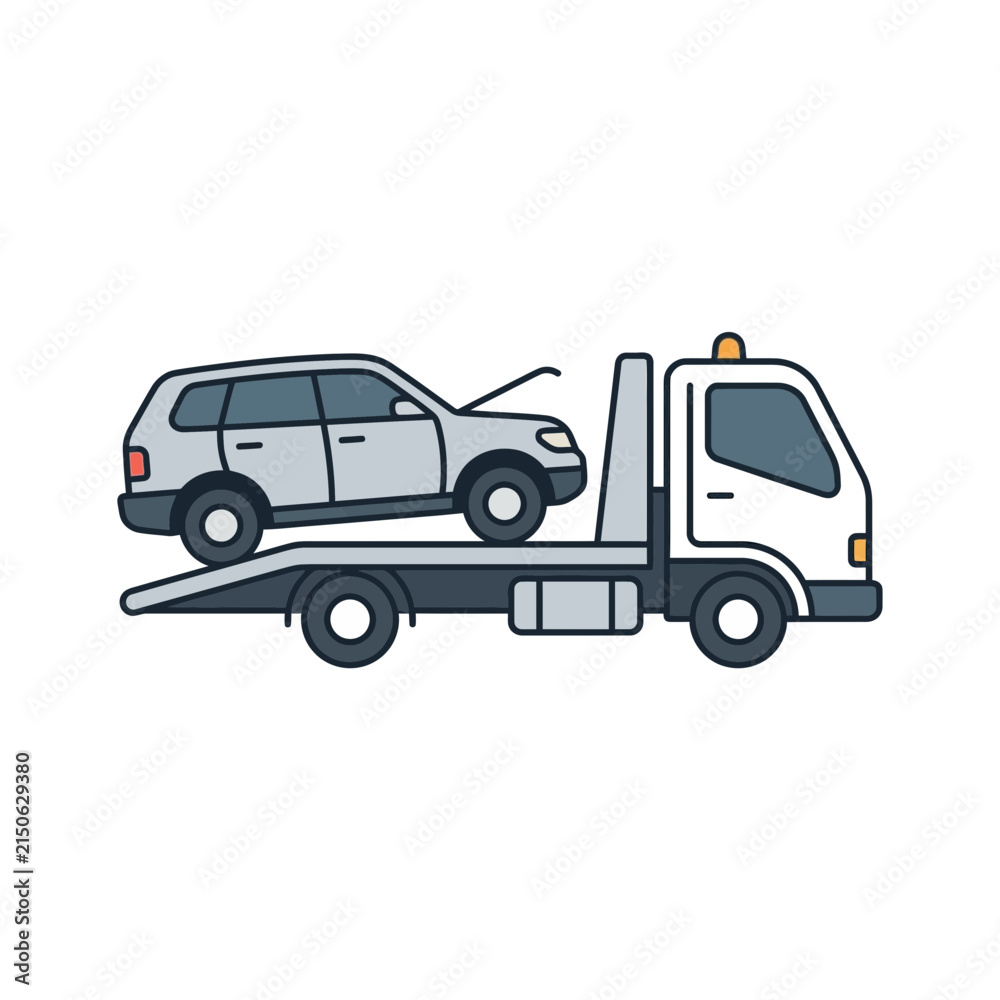 Fototapeta premium Flatbed Tow Truck Transporting a Broken SUV for Roadside Assistance