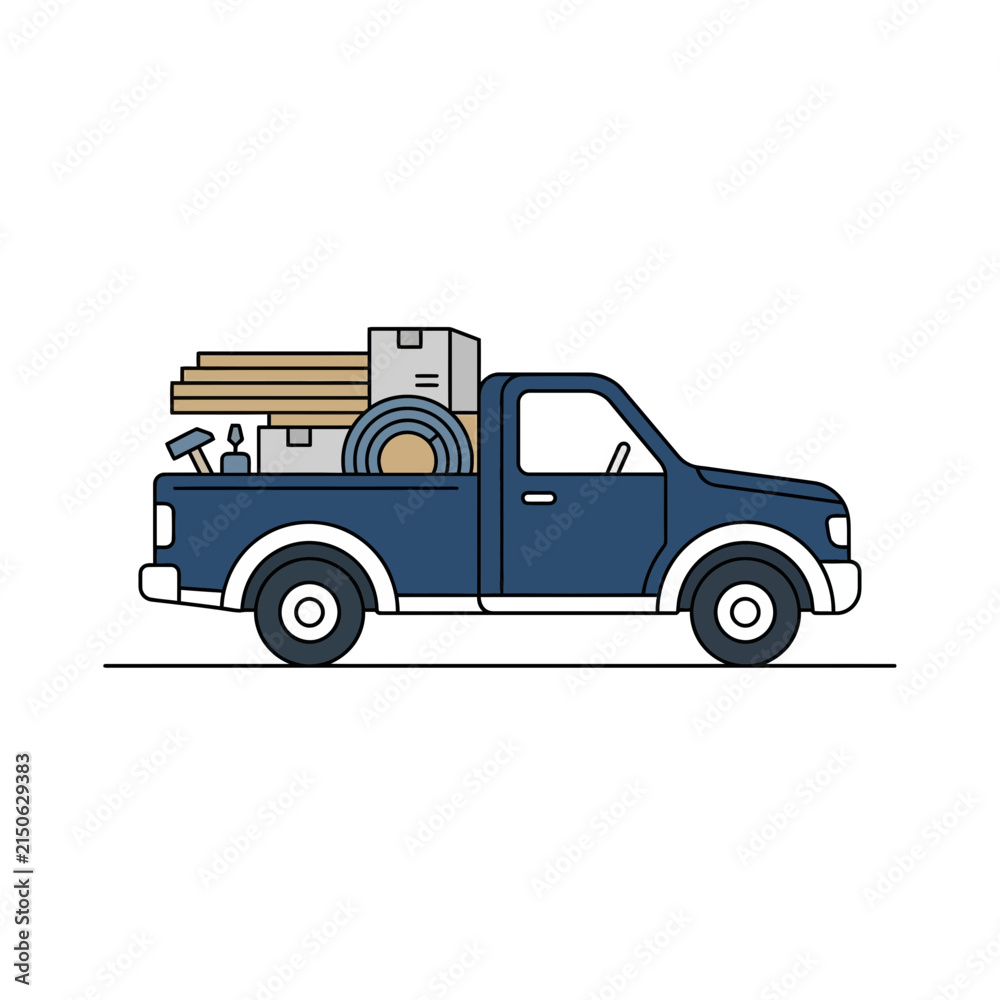 Fototapeta premium Flat Vector Illustration of a Blue Pickup Truck Loaded with Delivery Cargo and Tools