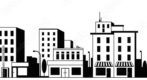 Black and white cityscape illustration featuring multiple building silhouettes